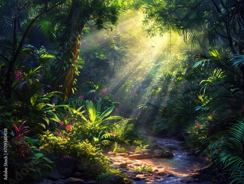 A digital painting of a dense rainforest  sunlight filtering through the canopy  illuminating the diverse flora and fauna