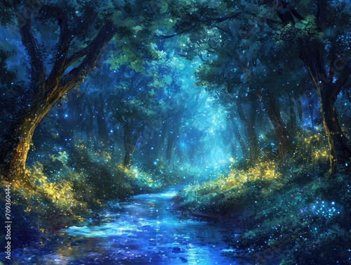 A digital painting of an enchanted forest with bioluminescent trees and a sparkling river running through it.