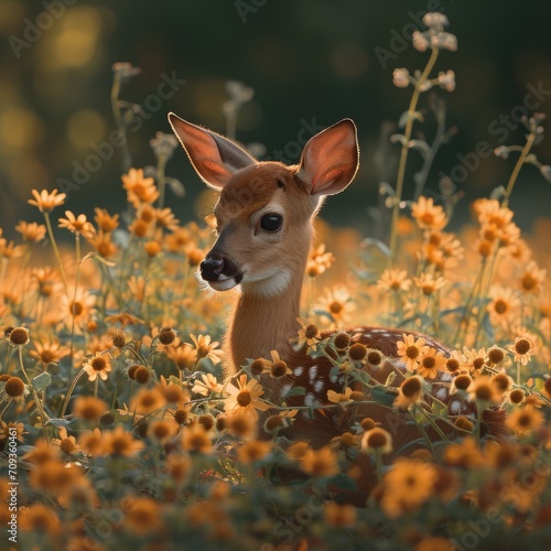 A high-resolution photo of a small fawn in a bed of wildflowers, surrounded by an aesthetic, fairy-tale-like forest setting
