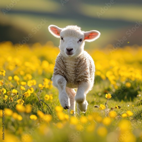 A playful lamb frolicking in a spring field  its white wool contrasting with the vibrant greens and yellows of the landscape