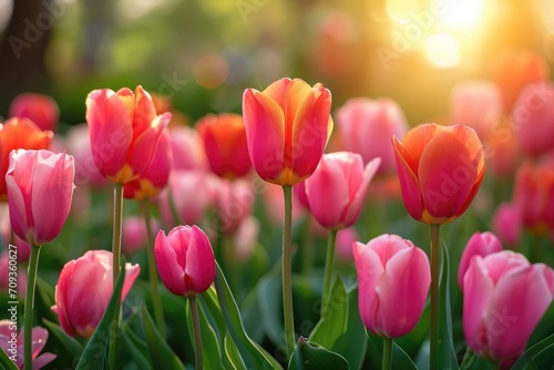 Lush garden of vibrant tulips in full bloom  soft sunlight filtering through