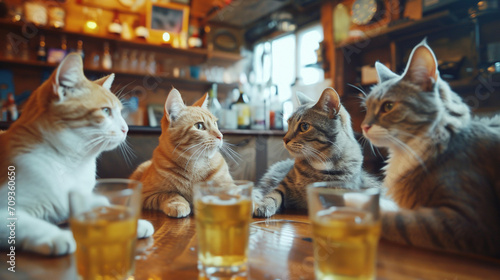 Happy hour with cats in the bar background . Created using generative AI.