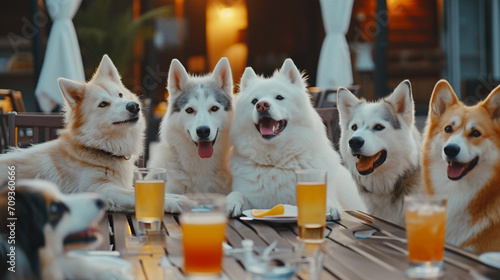 House background Siberian husky and Samoyed and corgi dogs chitchat during dinner. Created using generative AI. photo