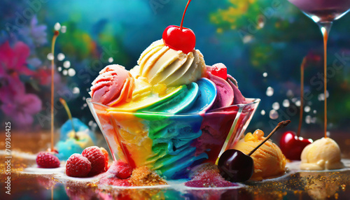 Delectable, rainbow-colored sundae, adorned with a glossy cherry.