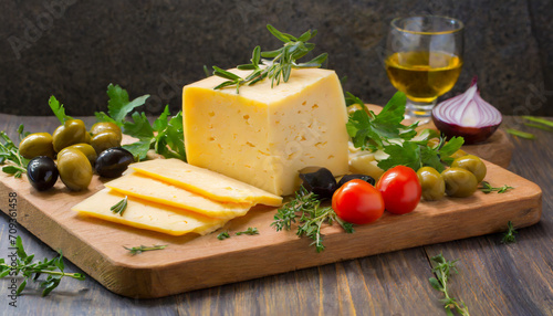 Cheese slices with olives, tomatoes and herbs on cutting board 