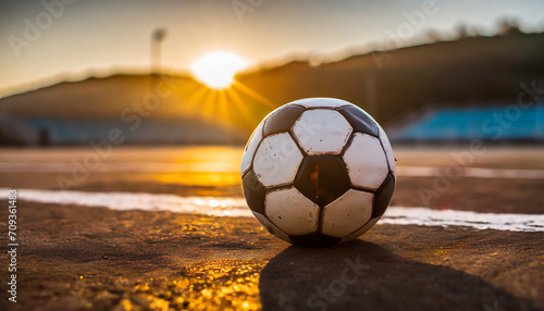 Closeup of used soccer ball on court at the sunset.