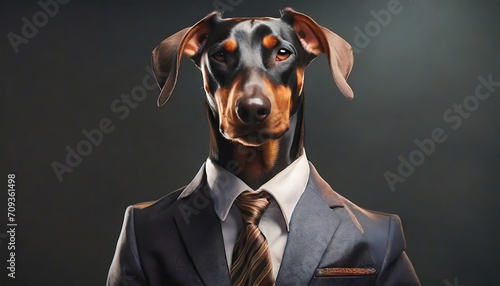Doberman in the business suit stands against a dark background.  © Karo