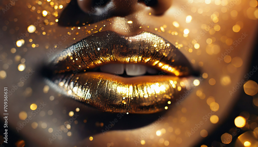 Close up beautiful girl lips  with golden lipstick. 