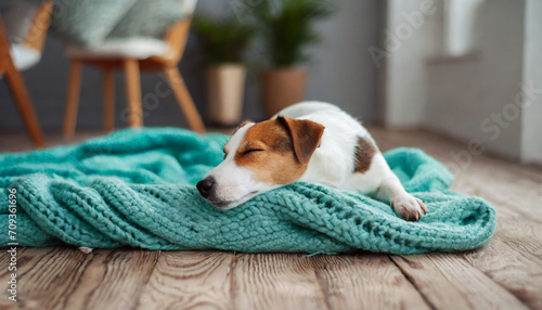 Photographie Jack russell terrier sleeping on turquoise  plaid on the  floor of living room