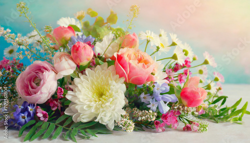 Spring floral composition f fresh colorful flowers on light pastel background.