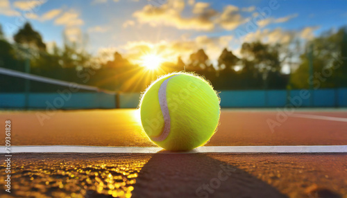  Tennis ball on court closeup at the sunset 