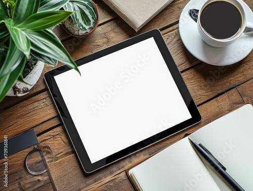 Mockup tablet with white screen on table, top view
