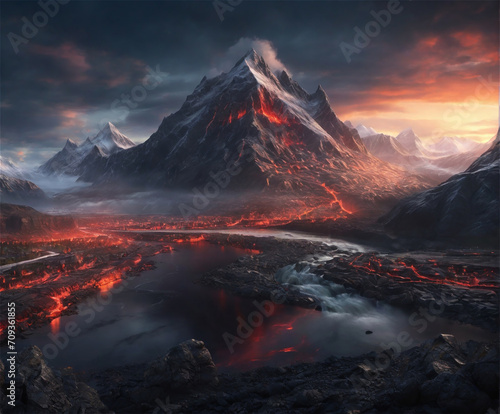 Beautiful sunset over the volcano mountain and  lava rivers.