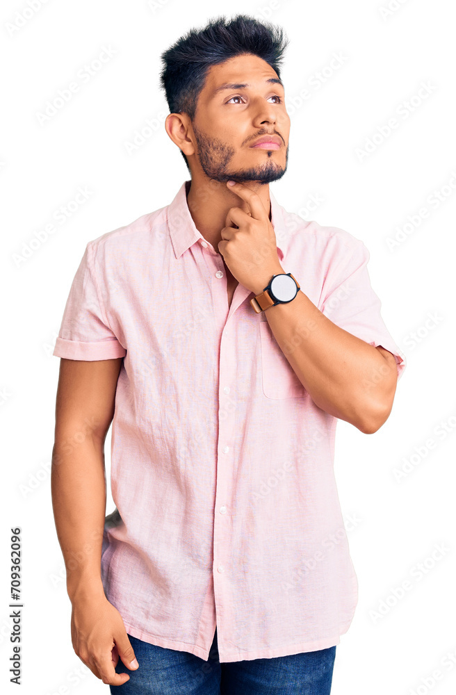 Handsome latin american young man wearing casual summer shirt touching painful neck, sore throat for flu, clod and infection Handsome latin american young man wearing casual summer shirt touching painful neck, sore throat for flu, clod and infection