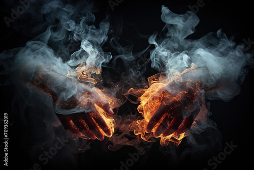 Man's hands in the flames of fire. Generated by artificial intelligence