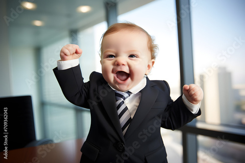 baby wearing business suit celebrating in office
