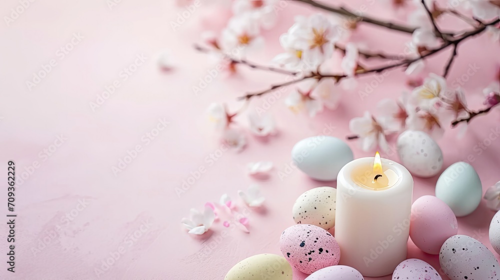 Burning white candle on pink table and background, pink blooming branch. Pastel eggs around candle. Calm, inspirational, minimalistic Easter card, banner. Burning white candle on pink table and background, pink blooming branch. Pastel eggs around candle. Calm, inspirational, minimalistic Easter card, banner.