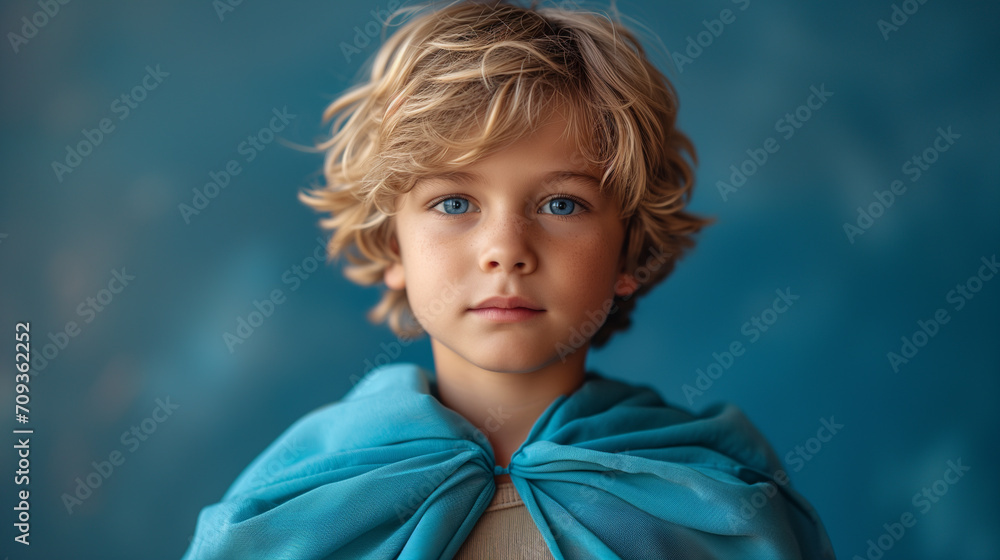 Blond boy with blue eyes and a blue cape portrait. Blond boy with blue eyes and a blue cape portrait.