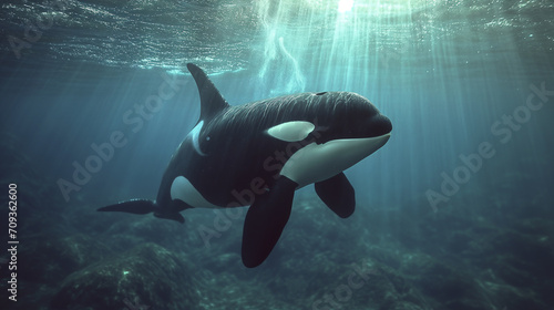 Home of the orca whale, it is seen floating in shallow waters of the ocean.
