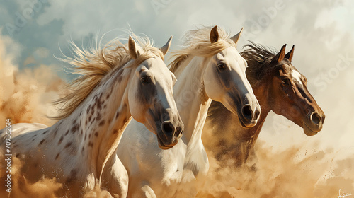 A dynamic image capturing a herd of horses galloping powerfully through a dusty desert. The scene is filled with energy and motion  emphasizing the wild beauty and strength of these majestic animals