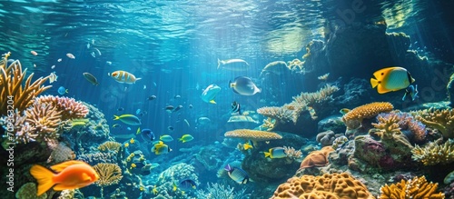 Underwater habitat with diverse marine life and corals at the ocean floor.
