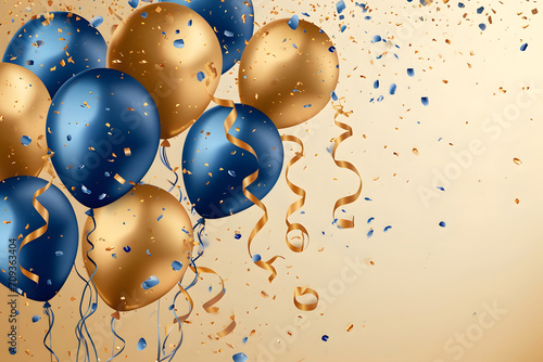 Festliche Farbexplosion: Luftballons und Konfetti in Blau und Gold schaffen einen zauberhaften Hintergrund für eine fröhliche und festliche Atmosphäre photo