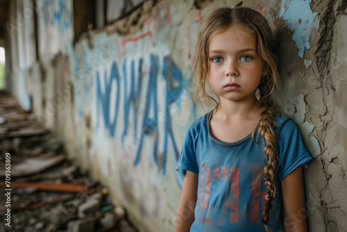 A beautiful little girl stands by the wall and protests against the Russian-Ukrainian war.