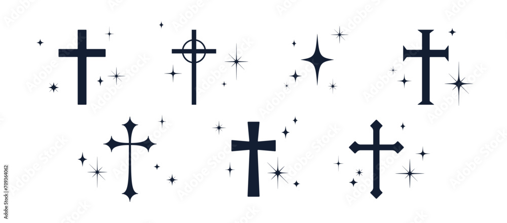 Collection christian religious cross. Set symbol religion cross on white background, black stars. Black icon prayer cross sign, religious symbol, stars christian faith. Vector Illustration