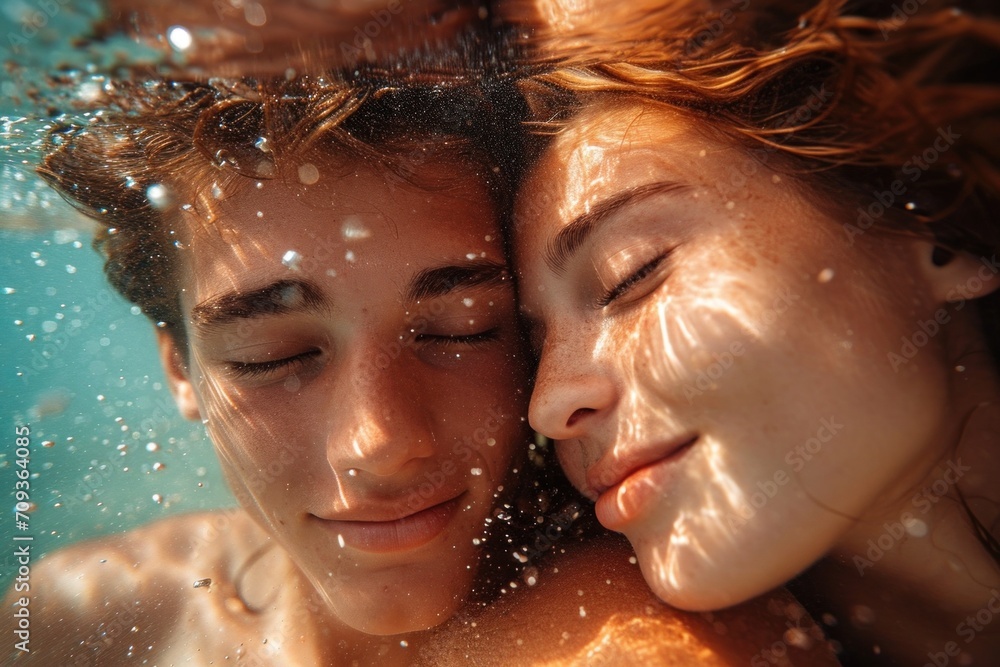 Young couple under the water, enjoying holidays