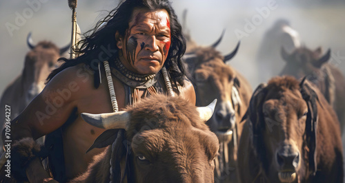 American indian and buffalo, ai generated. photo