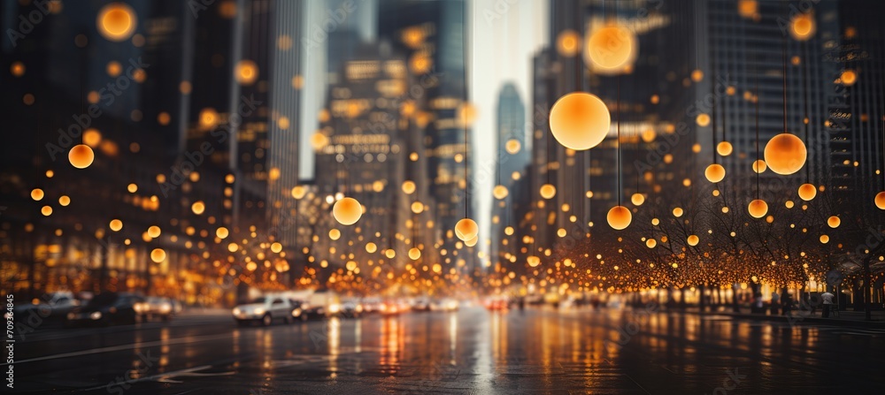 Blurred bokeh background with financial buildings and corporate banking elements in subdued colors - obrazy, fototapety, plakaty 