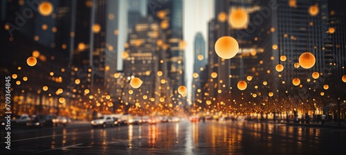 Blurred bokeh background with financial buildings and corporate banking elements in subdued colors