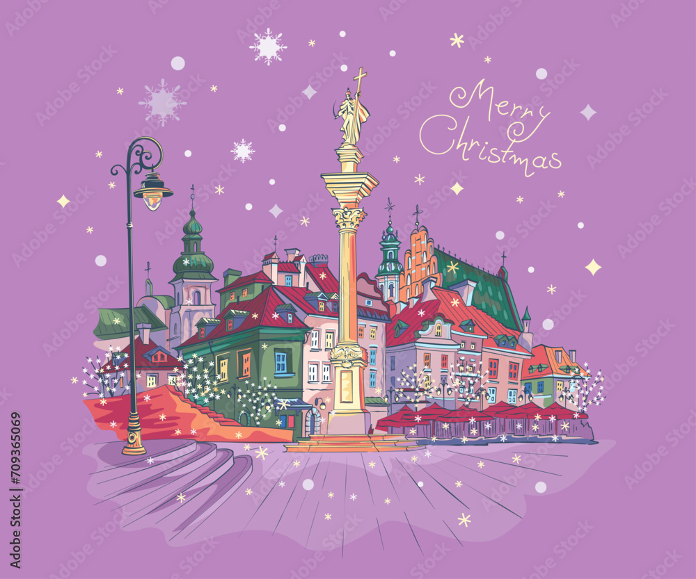 Vector Christmas card with Castle Square in Warsaw Old town, Poland.