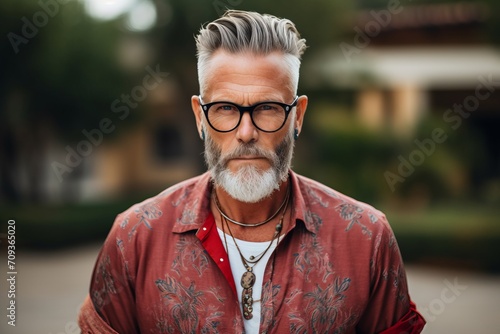 Portrait of a handsome senior man with gray beard wearing eyeglasses.