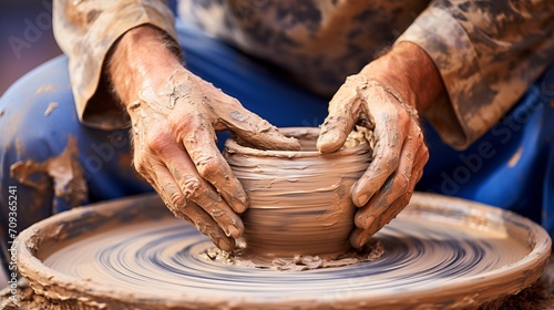 Potter creating matching ceramics on a wheel in a vibrant studio workshop environment