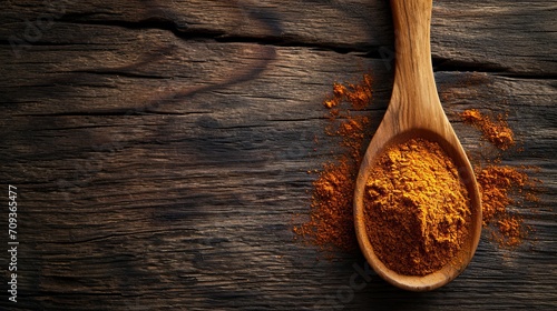 Vibrant paprika powder on spoon with wooden backgroundCopy space banner for food and spice concepts. photo