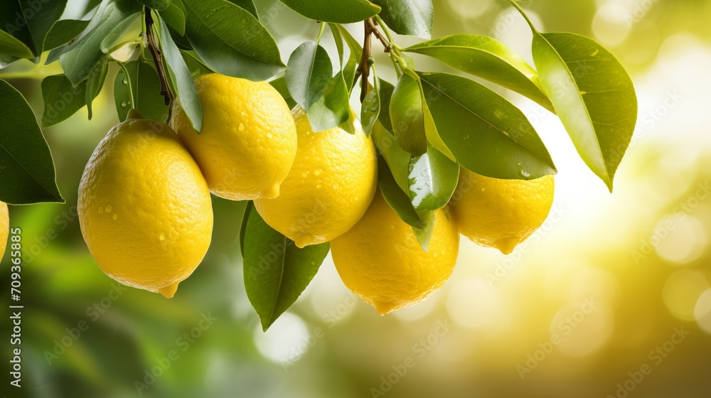 Vibrant organic lemons growing on sunny citrus branches in a lush green fruiting garden