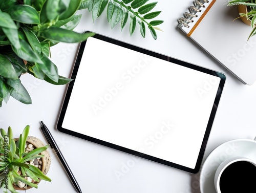 Mockup tablet with white screen on table, top view