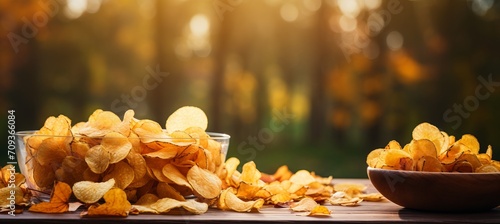 Delicious potato chips on blurred background with text space for branding opportunities
