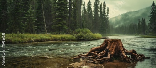 A tree trunk rests in the river with its roots on the bank, surrounded by a pine forest.