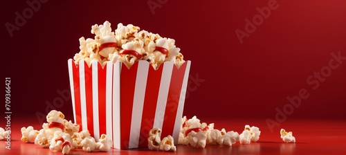 Striped gift box with popcorn on red gradient background, empty space for copy, vibrant and textured © Andrei