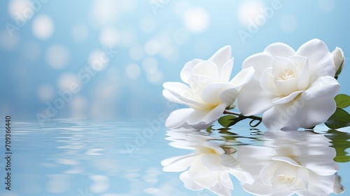 Elegant white gardenia on magical bokeh background, with ample copy space for text placement.