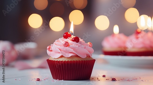 Delicious birthday cupcake with vibrant candles on light table and magical bokeh background