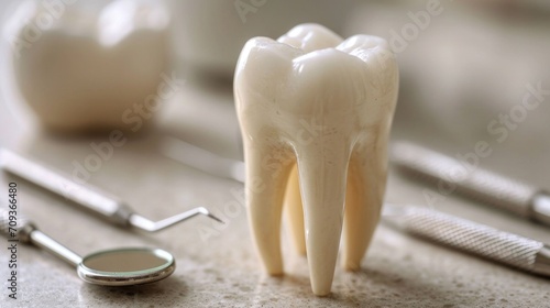 A tooth with a dental tool next to it on the table, AI photo