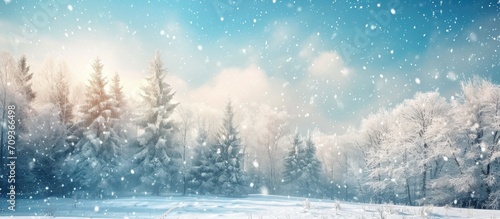 Snowy winter landscape with falling snow. © AkuAku