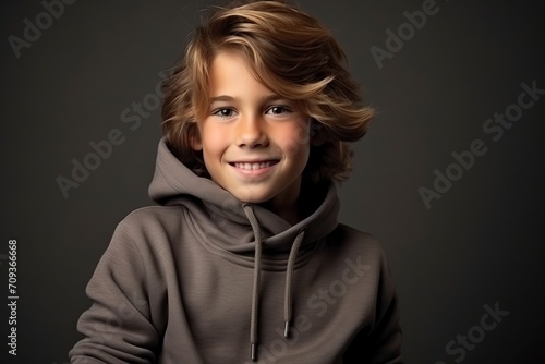 Portrait of a beautiful young boy in hoodie. Studio shot.