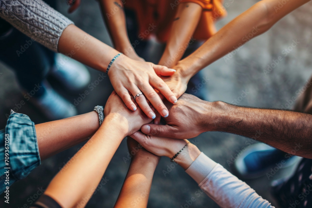 A group of people with their hands together. Business teamwork and support - obrazy, fototapety, plakaty 