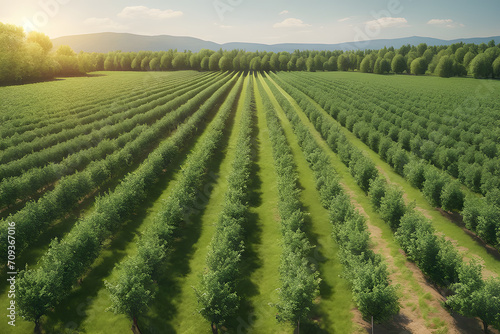 Green apple orchard landscape with rows of trees