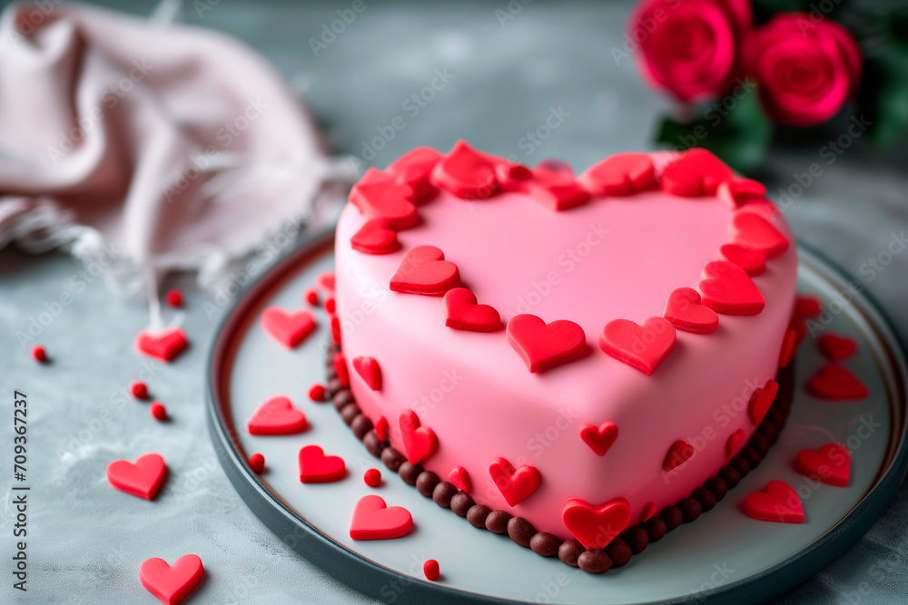 Wedding or Valentine's Day pink cake decorated with pink and red edible hearts Wedding or Valentine's Day pink cake decorated with pink and red edible hearts