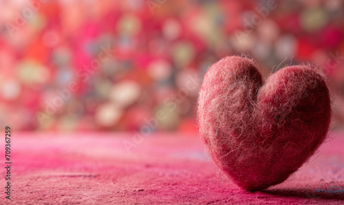 A cute hand made felted love heart on a pink background for Valentine's day
